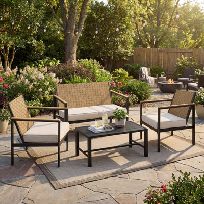 4-Piece Outdoor Patio Conversation Set With Woven Backrest, Black Metal Frame, Cushions & Coffee Table