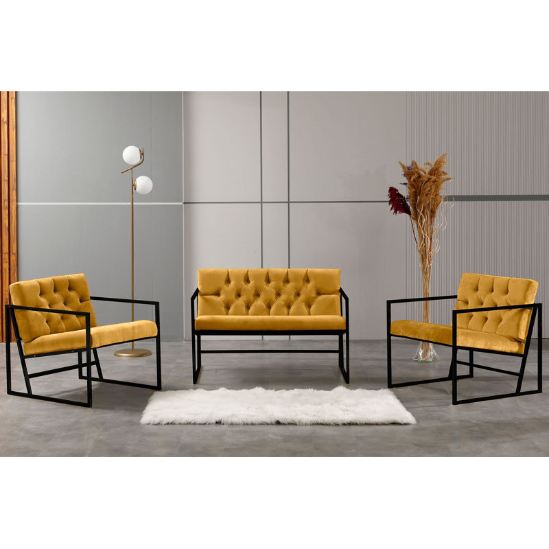 Ensemble de canapé moderne (3 pièces) en moutarde, 42,9 x 29,1 x 29,5 pouces | Cadre 100% métal et tissu 100% Babyface | Sièges confortables avec siège de 18,1 po et fauteuils à oreilles élégants | Parfait pour la décoration de salon