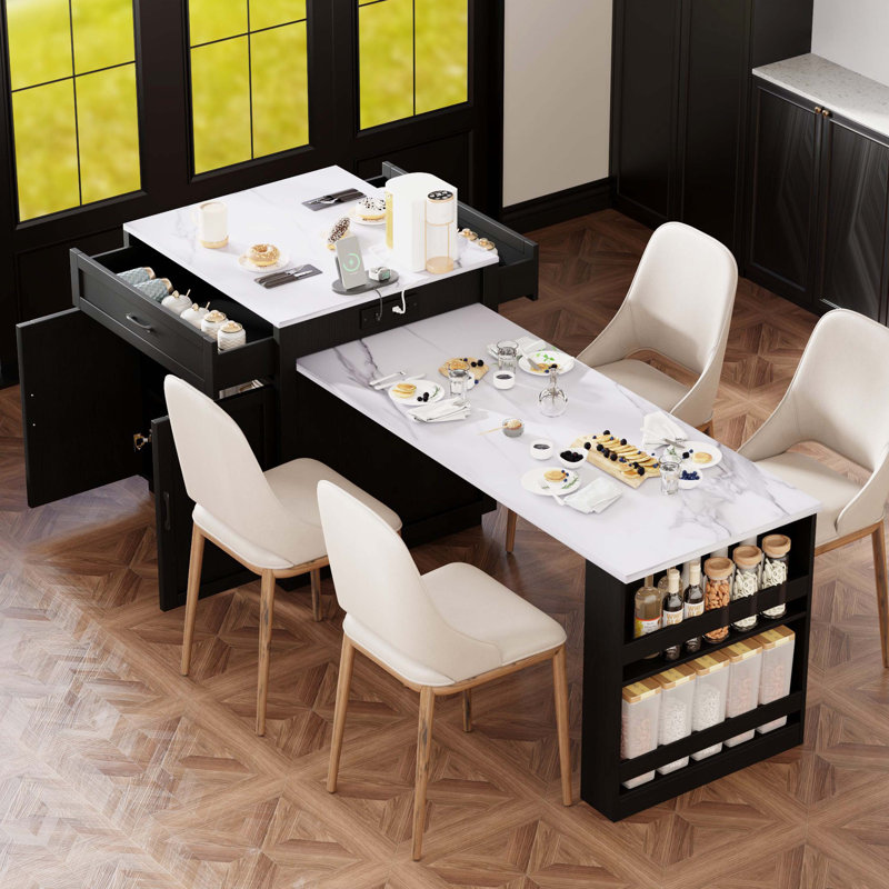 Rolling Kitchen Island Station Featuring Expandable Dining Countertop Accommodating Multiple Diners, Double-Layer Spacious Storage Structure with Built-In Power Supply, Two Storage Drawers and Open Side Shelving Compartments