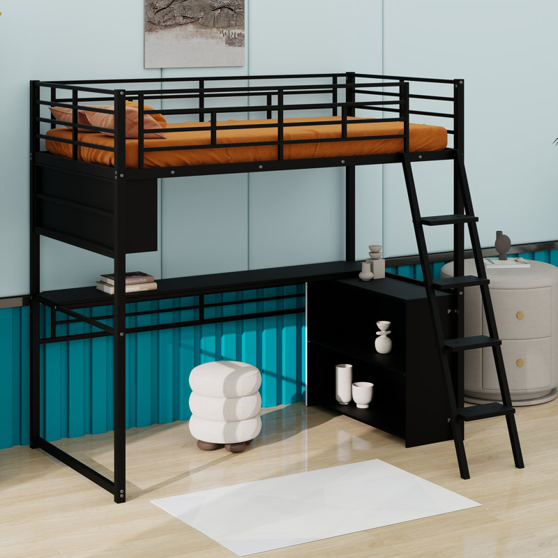 Structure de lit mezzanine en métal avec garde de sécurité, DEL, bureau, tablettes et échelle