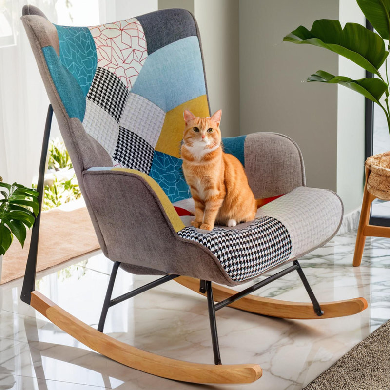 Chaise berçante en tissu, bois et lin, Multi-couleur