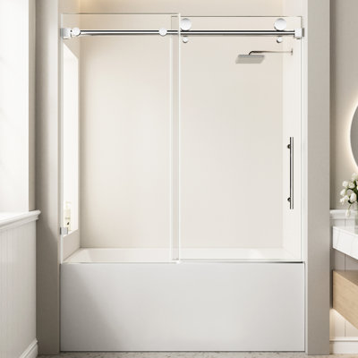 Porte de douche coulissante à largeur réglable de 56 à 60 po, verre trempé transparent de 8 mm à 5/16 po, film imperméable, poignée imperméable large et haute en acier inoxydable, installation réversible,