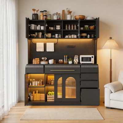 63" Freestanding Buffet With Hutch, Large Coffee Bar Cabinet With Drawers & Power Outlet
