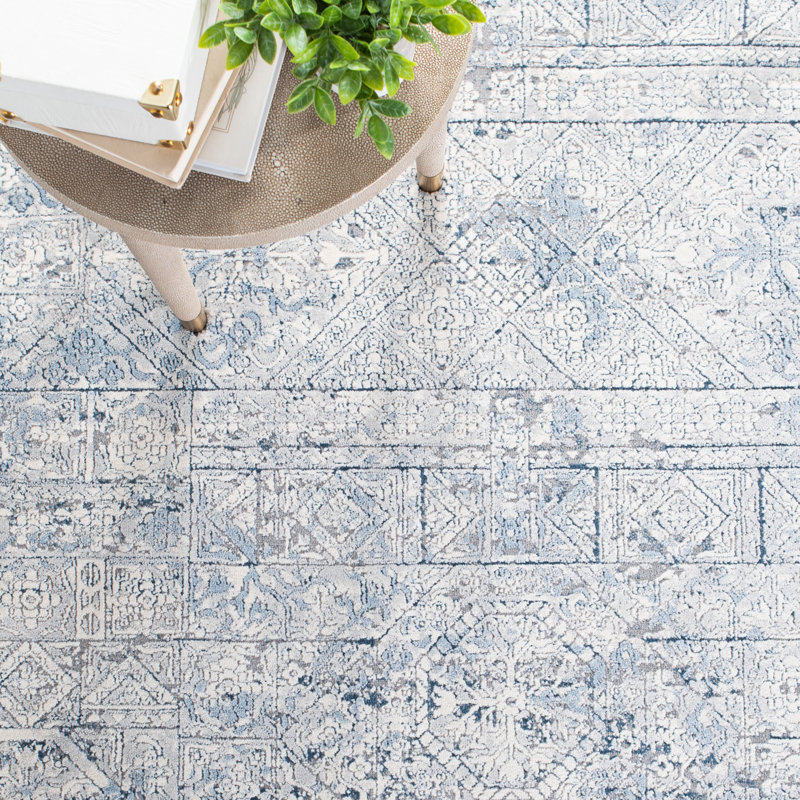 Tapis oriental ivoire / gris / bleu Attif Jacque, Rectangle 4 pi x 6 pi