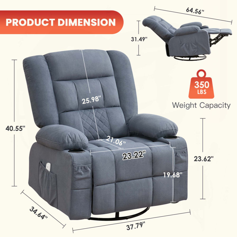 Massage Rocker Recliner Chair With 4-Point 3D Kneading Massage And Heat For Living Room With Rocking Function And 2 Cup Holders, USB Charge Port