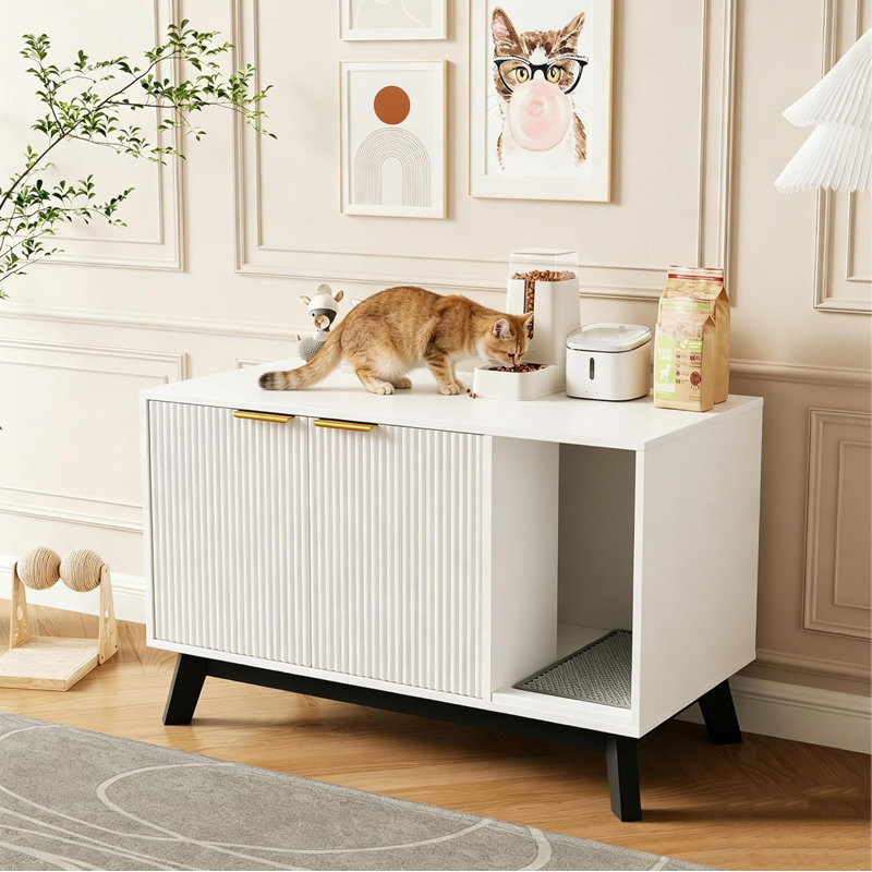 Enceinte de litière pour chat 38,6 "avec tapis et trous ventilés - meubles de litière cachés, table de bout, White