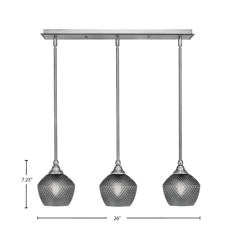 Luminaire suspendu linéaire sur pied 3 lumières avec verre texturé fumé de 6 po, Nickel brossé, H 7,25 po x l 26 po x P 6 po