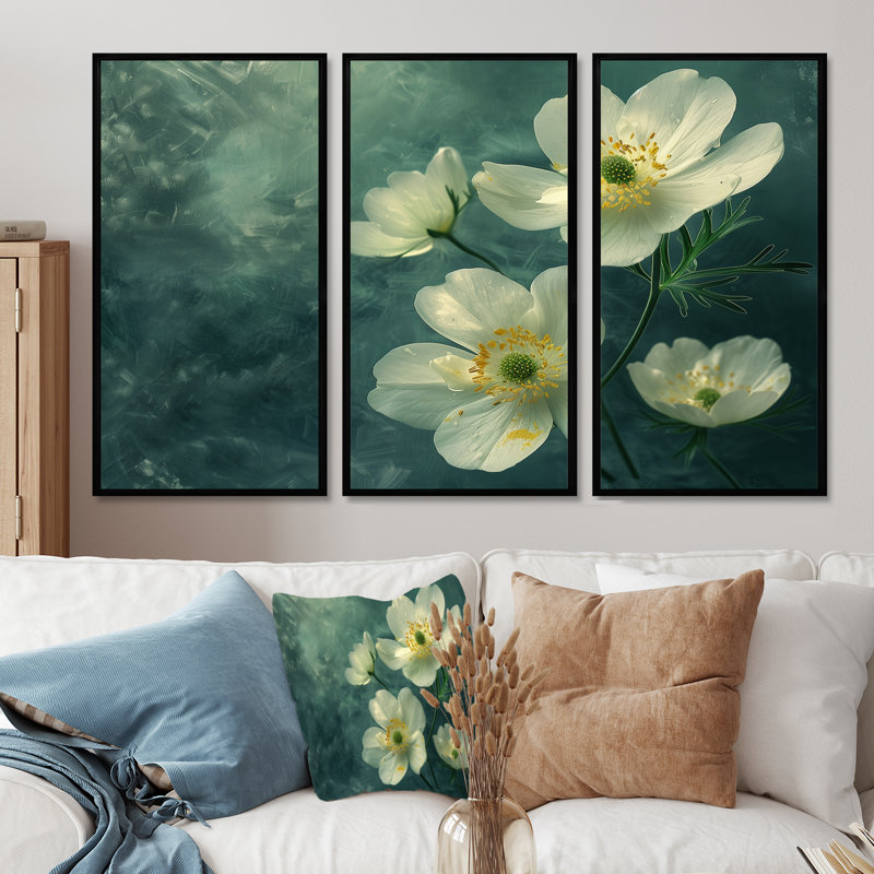 «White Green Buttercups Reflection» 3 pièces, H 28 po x l 36 po, Cadre flottant noir
