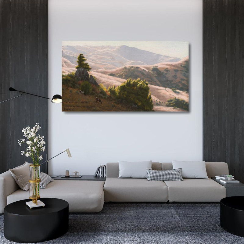 "Bétail broutant dans les collines ensoleillées" par Ludmilla Pilat Welch - Art mural sur toile tendue avec châssis