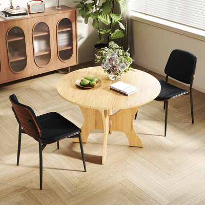43" Foldable MDF Dining Table Set with Faux Leather Chairs, Walnut Back & Metal Legs, Space Saving Kitchen Dining Set for Small Space, Modern Convertible Drop Leaf Table and Chair Set