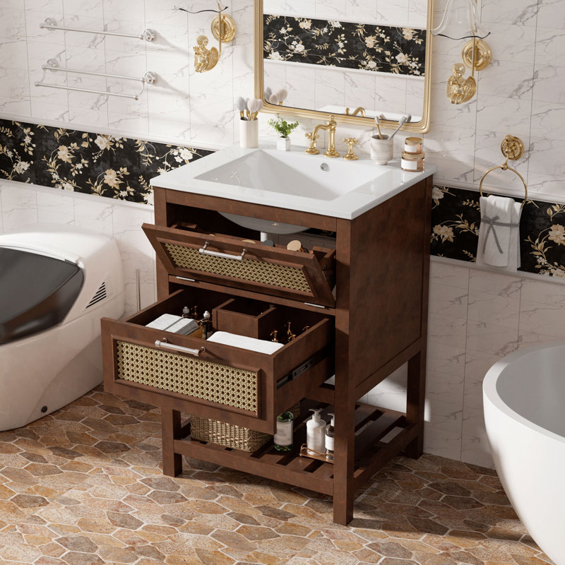 Meuble-lavabo de 24 po avec lavabo intégré en céramique, meuble-lavabo à 1 tiroir profond, 1 tiroir basculant et meuble-lavabo simple pour les petites et moyennes toilettes