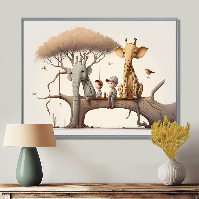 Girafe et éléphant avec enfants - décoration murale éléphant, H 16 po x l 32 po, Reproduction avec cadre flottant