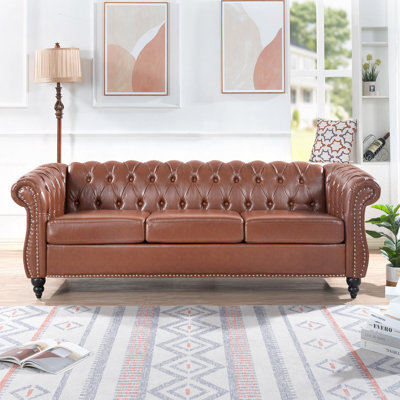 Canapé Chesterfield 84,6 po rembourré en similicuir avec accoudoirs roulés à 3 places et pieds en bois massif