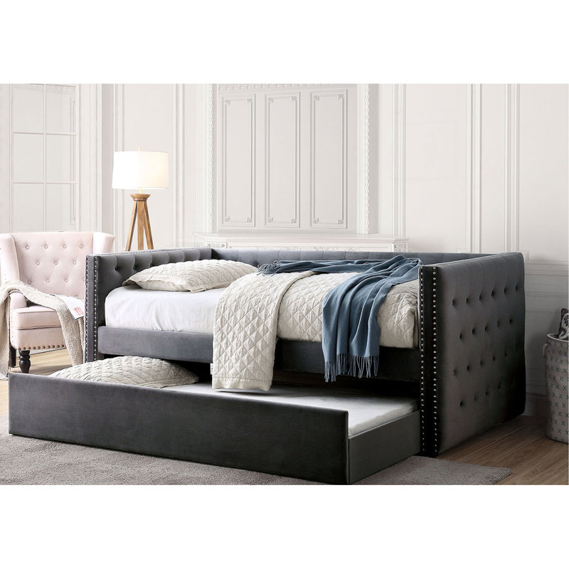 Daybed With Trundle In Gray Transitional Aesthetic, Padded Flannelette Upholstery Button , Nailhead Trim Design, Slat Kit Supplied Of Atmosphere, - Offered