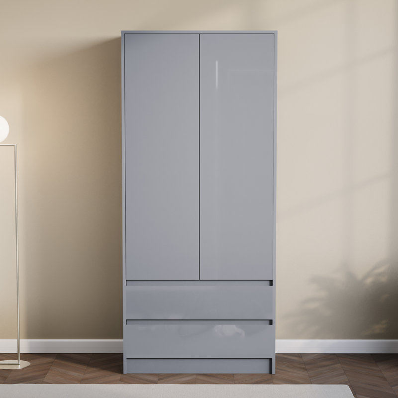 Oslo 2 Door 2 Drawer High Gloss Wardrobe, (FSC 100%) Bedroom Home Clothing Storage Furniture, Grey