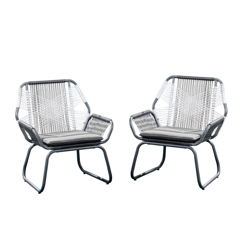 Elegant Woven Lounge Chair With Metal Framework And Water- Cushions Stylish Outdoor Armchair Strong Base Spill- Padding