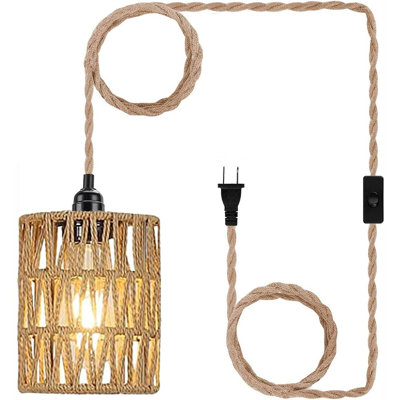 Luminaire suspendu à brancher, luminaire suspendu avec cordon d'alimentation, interrupteur marche / arrêt de l'abat-jour cylindrique en rotin de la lampe de plafond, étagère à plante suspendue, décor bohémien pour le coin chambre du salon