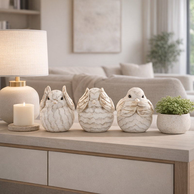Decorative Resin Bird Figurines for Living Room Decoration - Elegant Animal Sculptures for Tables, and Home Decor - Set of 3, 7", 6", 6", Ivory & Tan