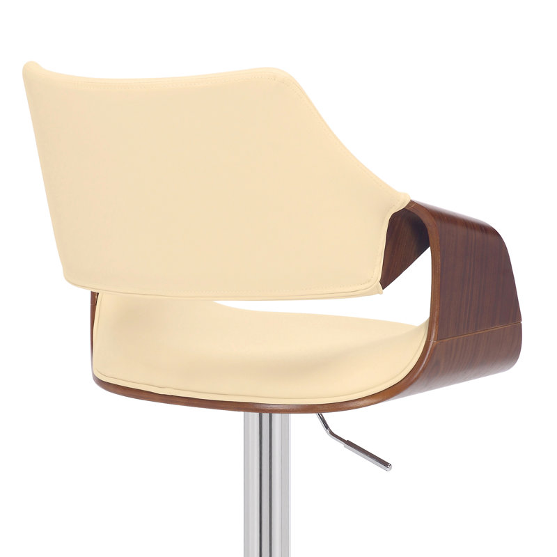 Afshar Swivel Adjustable Height Bar Stool with Pedestal Base in Faux Leather, Wood and Iron, Chrome, Creme Faux Leather