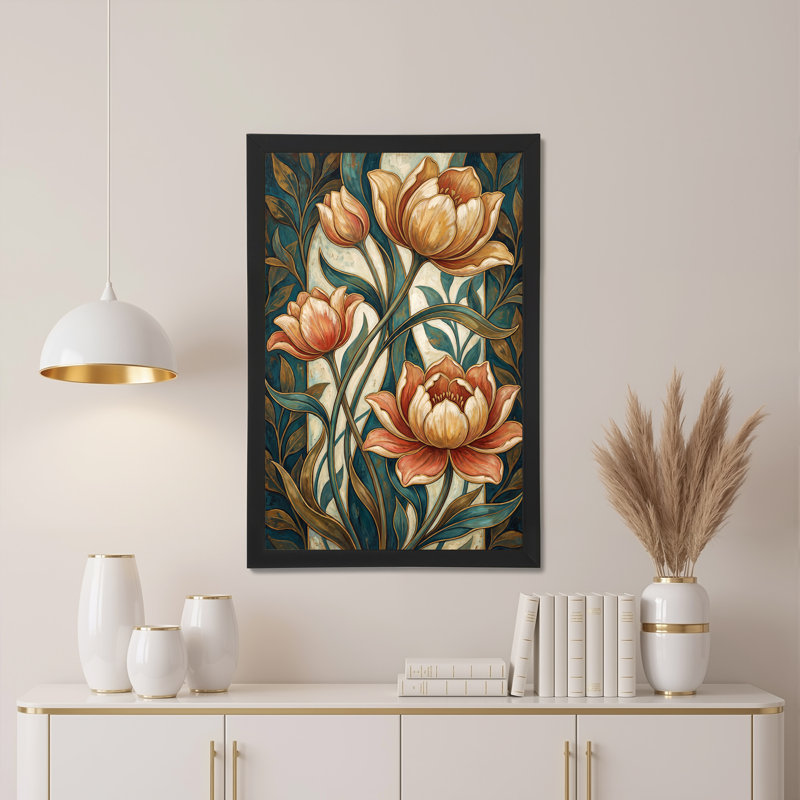 Tableau sur toile représentant des fleurs de pêche et de crème avec des feuilles et des tiges turquoise, H 18 po x l 12 po