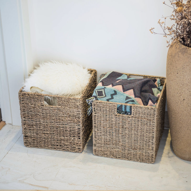 Wicker Storage Baskets with Liners, Sea Grass Handwoven Cube Baskets for Organizing, 10.6" H x 10.2" W x 10.2" D
