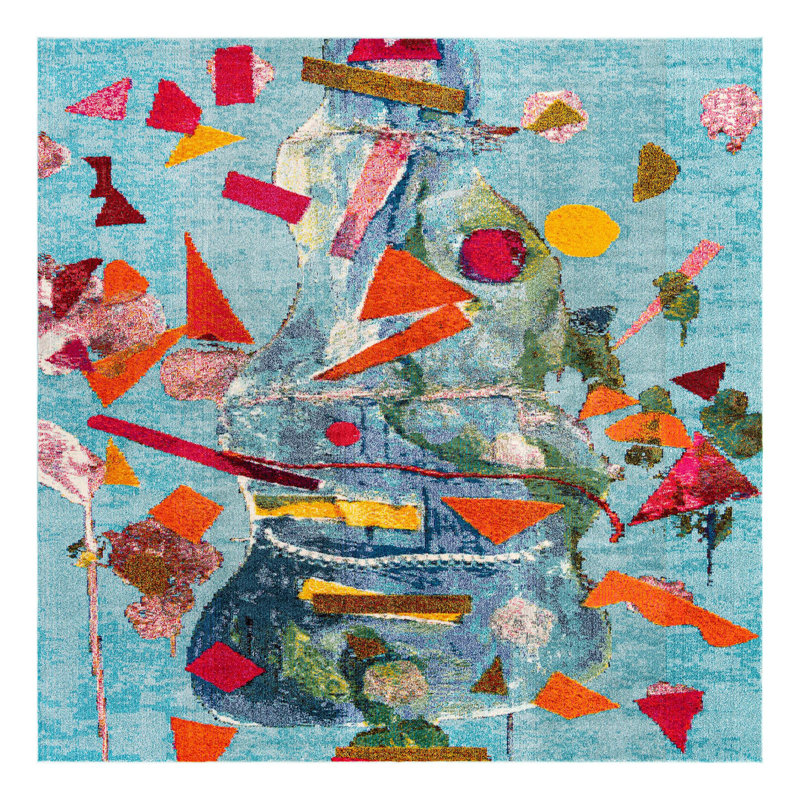 Tapis abstrait bleu / orange , Carré 9 pi 10 po