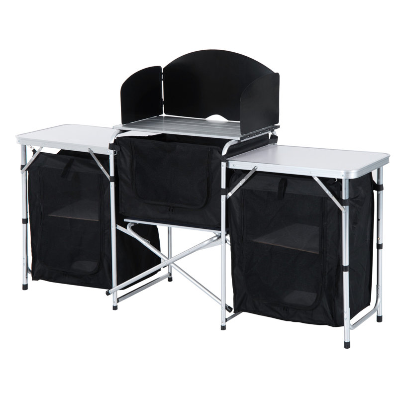 Table de camping portable: aluminium avec pare-brise et 3 armoires. Pour barbecue, fête, pique-nique, cour arrière. Support de camp spacieux et fonctionnel: convient aux pique-niques, fêtes et arrière-cours. Spacieux