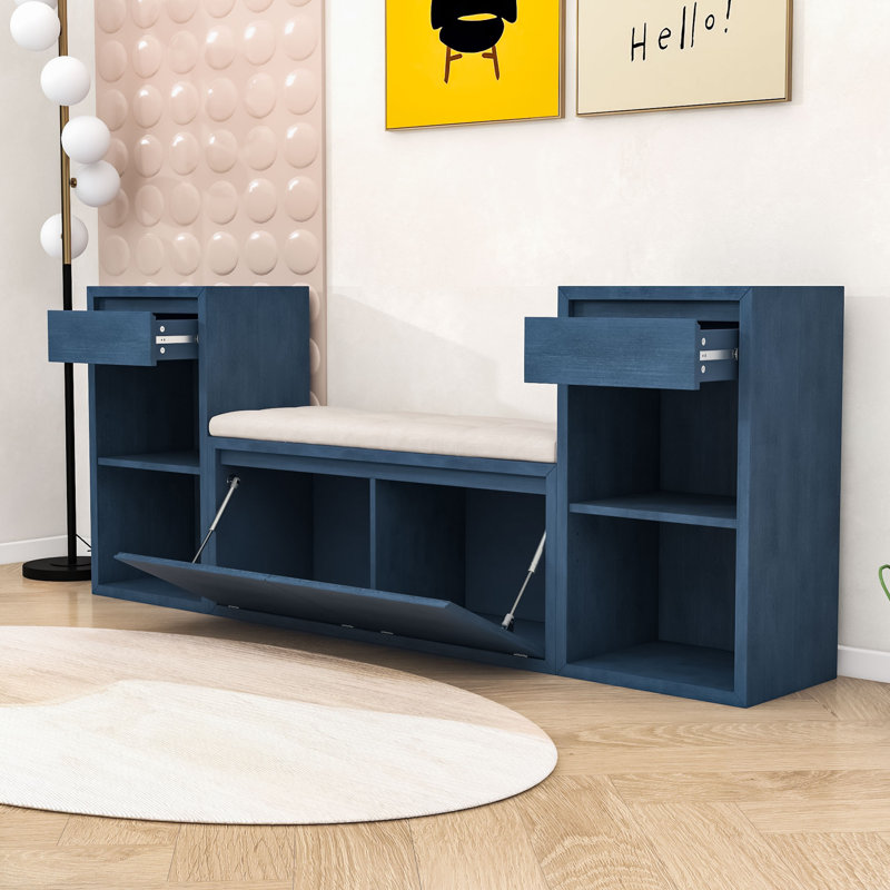 Banc de hall d'entrée avec coussin, compartiments rabattables, tiroirs et tablettes ouvertes, Bleu marine antique