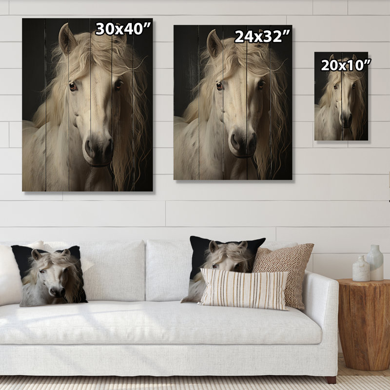 Cheval blanc aux tons sobres sur bois, H 32 po x l 24 po x P 0,78 po