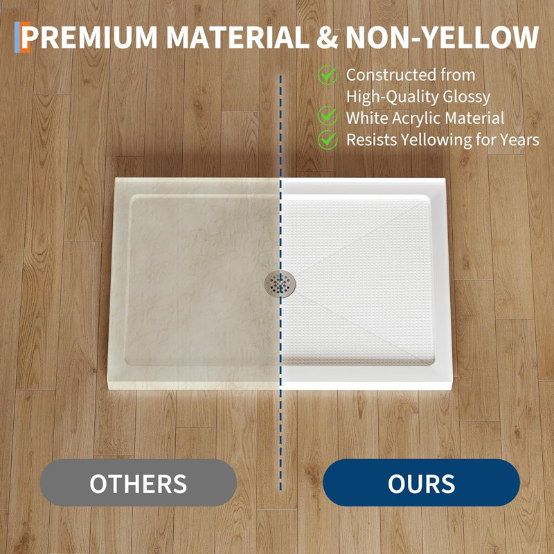 Left Drain Shower Pan - Single Threshold Base, Non-Slip Textured Surface, Lightweight ABS Shower Base, Easy Install Includes Drain Kit