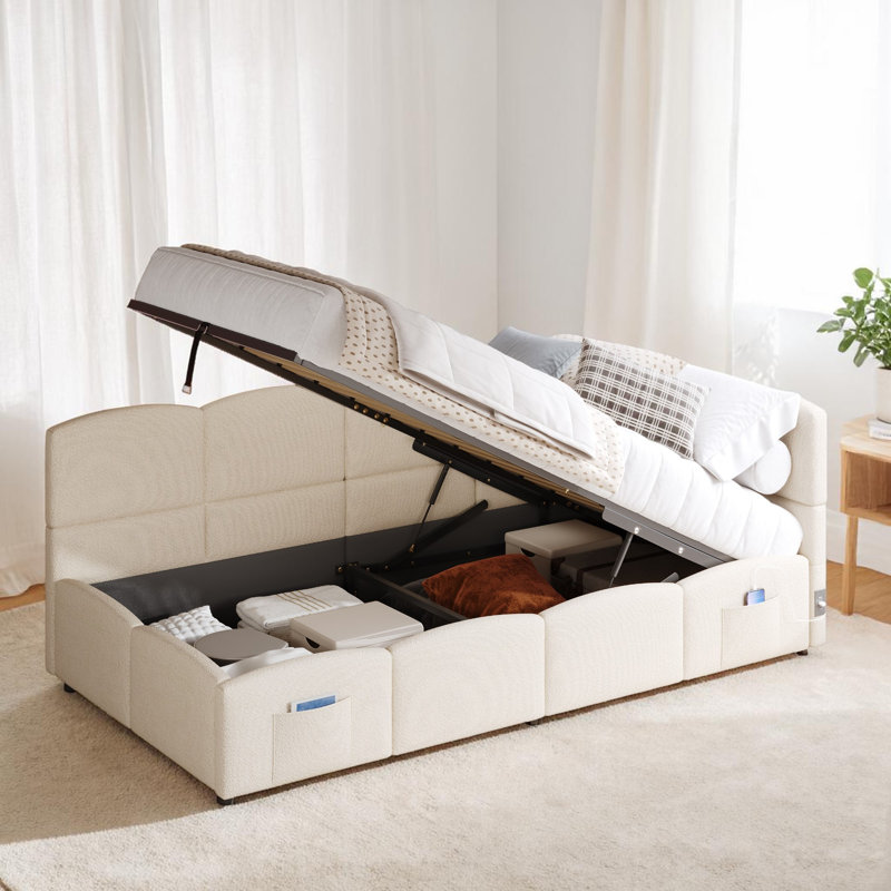 Upholstered Storage Bed, Beige Velvet