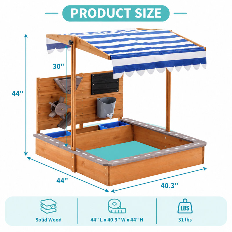 44'' x 40.3'' Wood Outdoor Sandbox - Bring Beach Toy with Height-Adjustable Roof for Beach,Garden