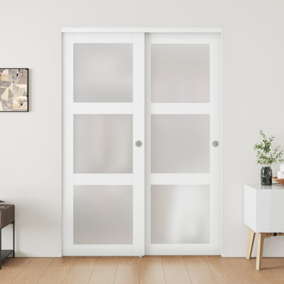 Sliding Closet Door - 60" x 80" Frosted Glass and Solid Manufactured Wood Sliding Doors with Installation Hardware Kit