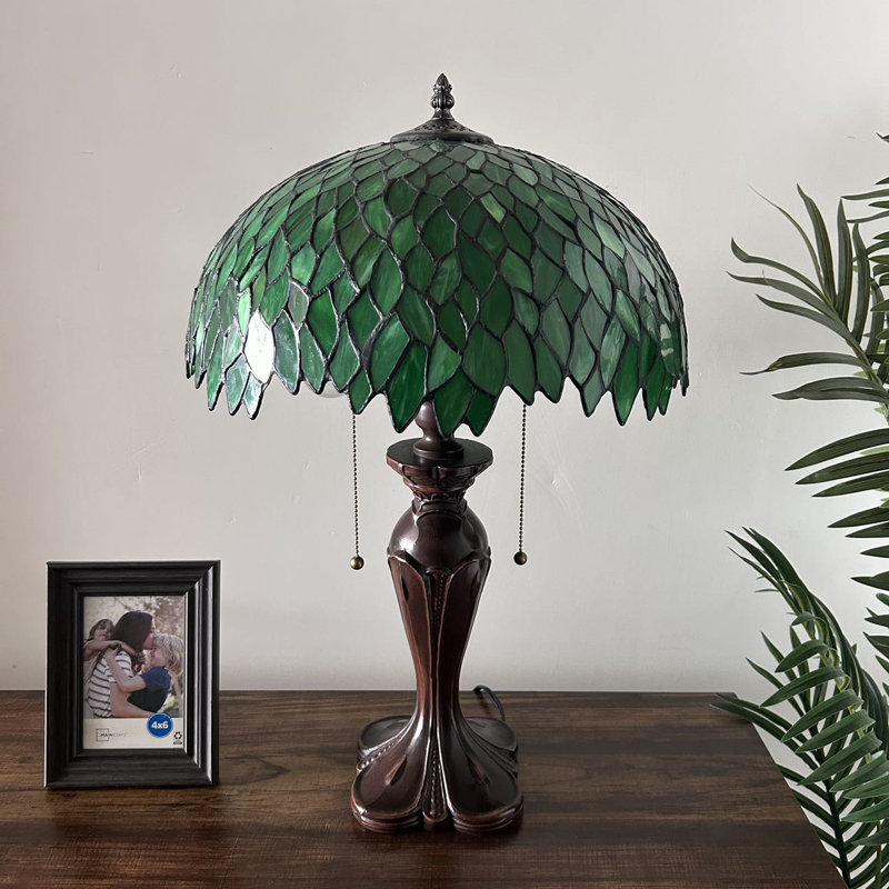 Simoson Tiffany Table Lamp Green Stained Glass Green Leaves LED Bulbs Included 16"W*16"D*24"H