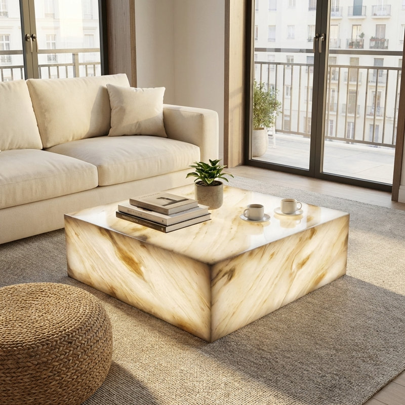 Natural Marble Square Coffee Table - Modern Luxury With Dimmable Led Glow, 16" H x 36" W x 36" D