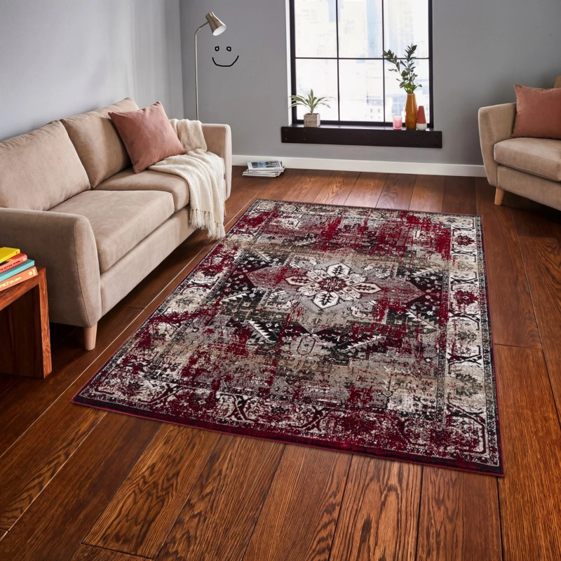 Floral and Oriental Flokati, Red, Rectangle 200 x 290 cm