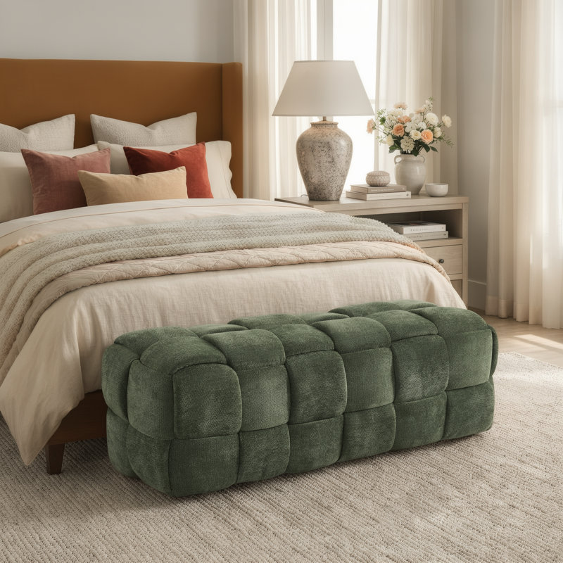 Banc de bout de lit, banc de chambre tapissier en chenille de 44,5 po, banc capitonné pour chambre à coucher, vestibule, salon, repose-pieds