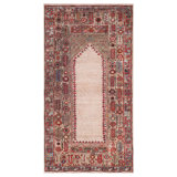 Delicate Ivory Color Teal Blue Border Century Turkish Oushak Ghiordes Prayer Rug