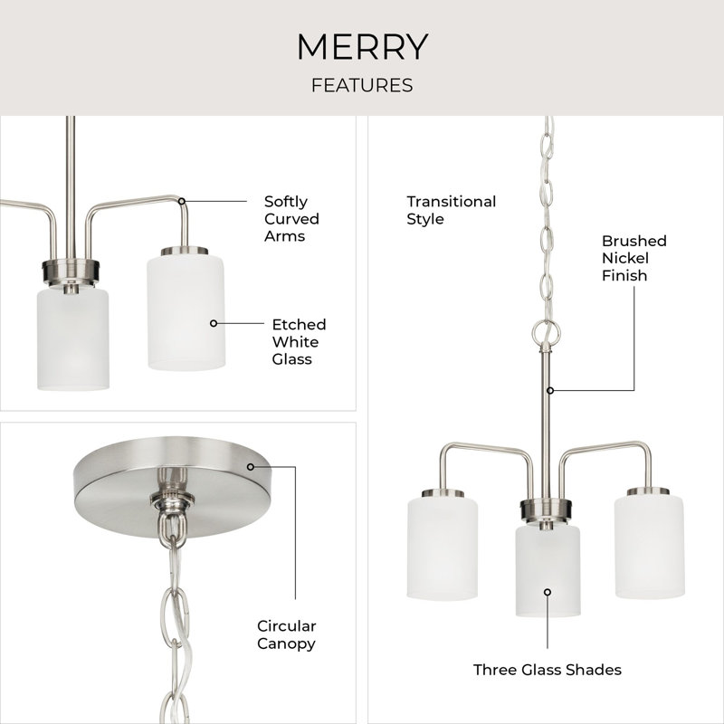 Merry 3 - Light Steel Dimmable Chandelier, Brushed Nickel