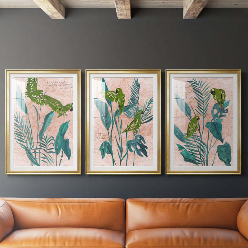 La chanson tropicale I - reproduction sur mesure encadrée de qualité supérieure - 3 pièces, H 27 po x l 39 po, Doré