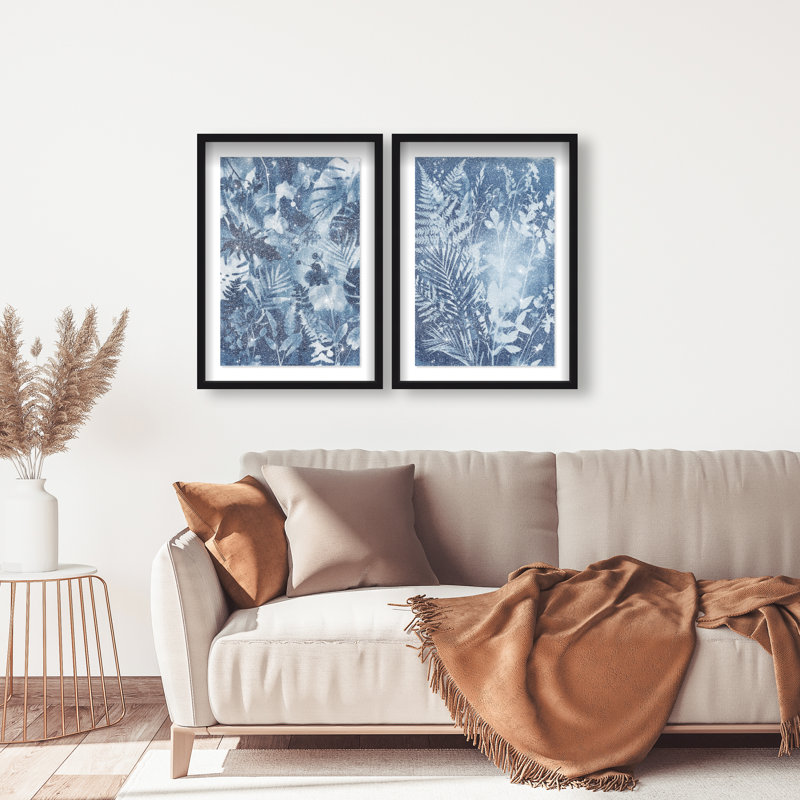 Blue Folliage Set Shadowbox Floral & Botanical Print by Oliver Gal, Black Frame, 10 x 15, 21.5"H x 31.5"W, Black Shadowbox