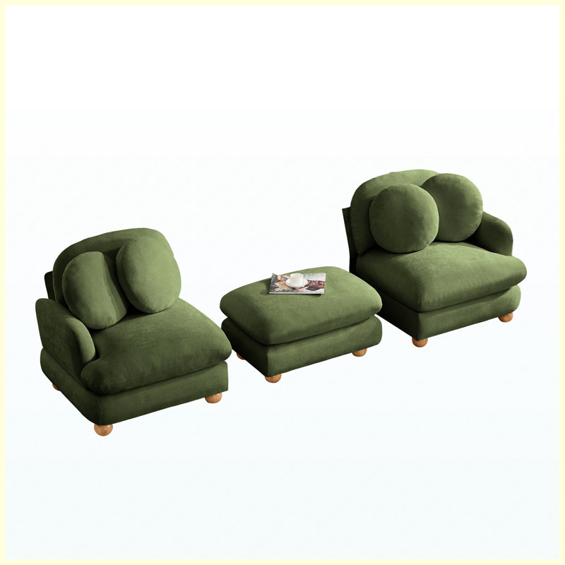 Canapé confortable 3 places en chenille, avec assise profonde, 4 coussins décoratifs, pouf amovible et structure en bois massif. Parfait pour le salon ou la chambre. Couleur : vert.