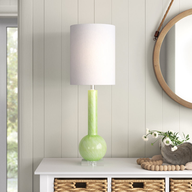 Leaf Green Glass Table Lamp with White Linen Shade