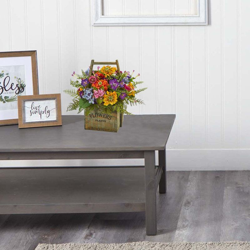 15-inch Multicolor Faux Floral Arrangement in Weathered Wood Basket