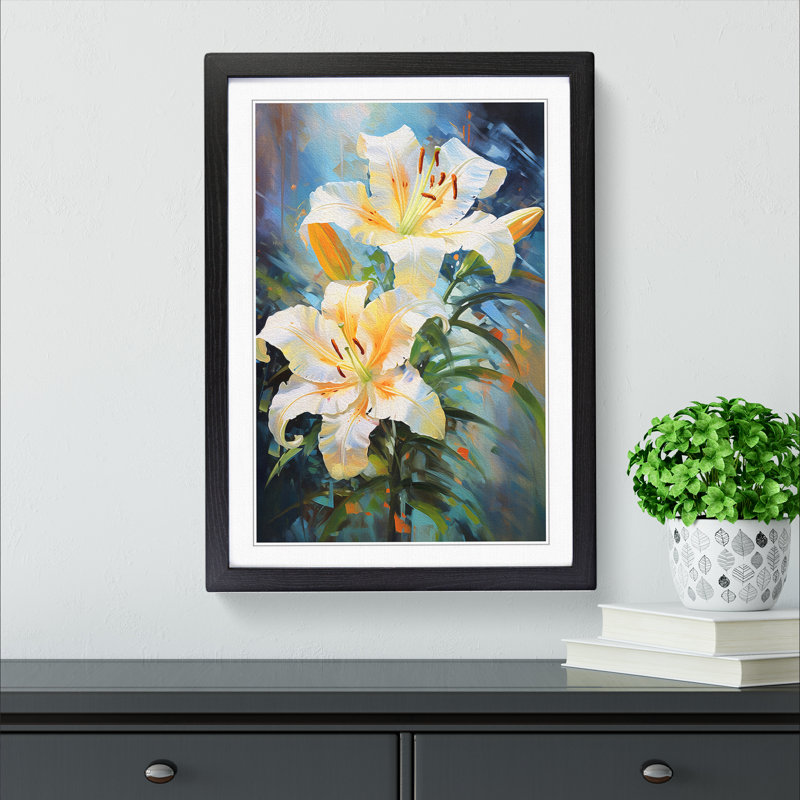 Lily Flower Impressionism - Single Picture Frame Print on Wood, Black, 64cm H x 46cm W x 2cm D