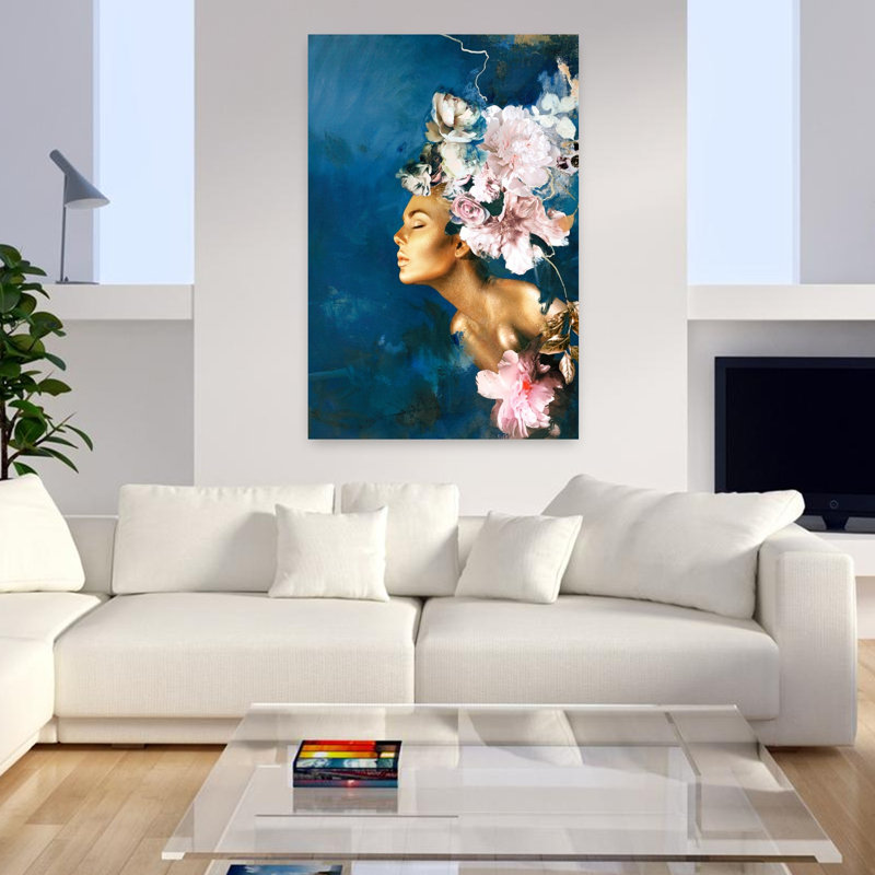 Or sur fond bleu, pivoine, H 48 po x l 32 po