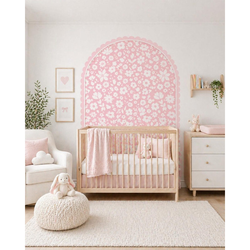 Pink Floral Arch Wall Decal for Girls Nursery | Scalloped Boho Flower Wall Sticker | Peel and Stick Removable Wall Decor