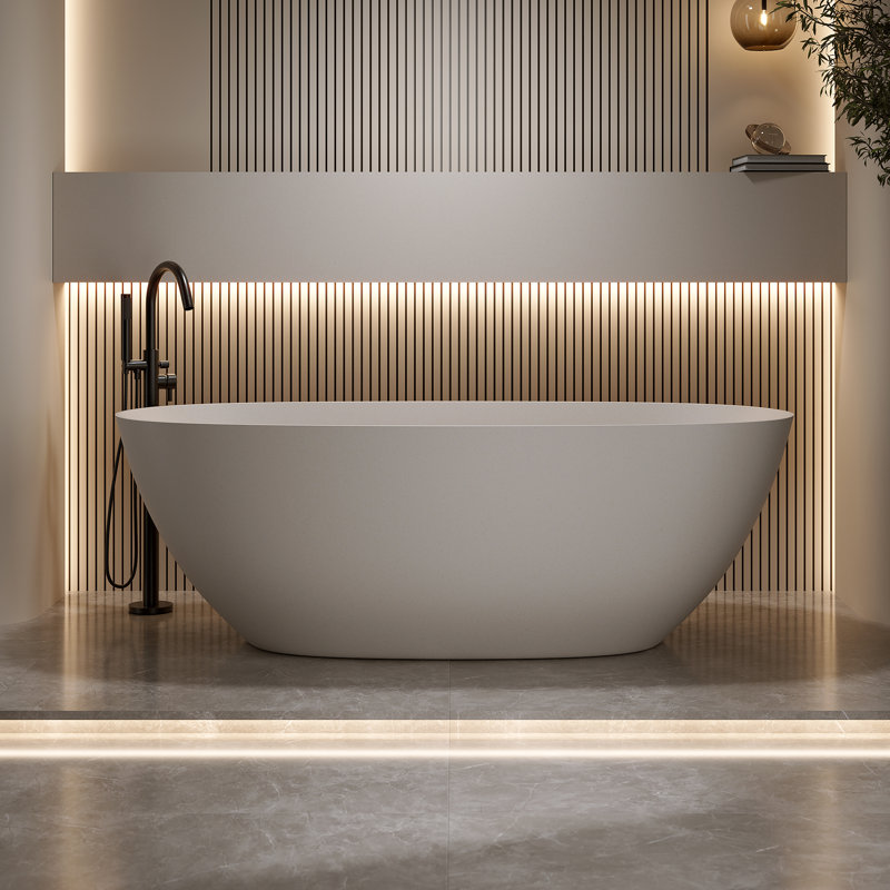 61" Beige Freestanding Solid Surface Soaking Bathtub, Stone Resin Luxury Soaking Tub