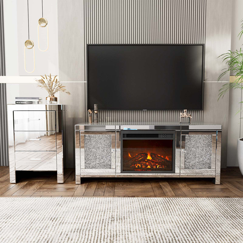 Diamond Mirrored Tv Stand For 55+ Inch Tv, Mantel Freestanding Heater W/7 Colors Changing &3d Realistic Flame Effect, No Installation