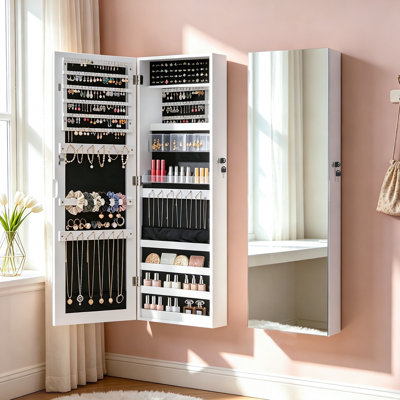 Armoire à bijoux pleine grandeur à miroir, fixée au mur ou à la porte, blanche